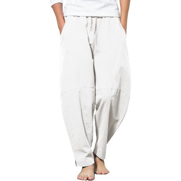 Men's Linen Harem Drawstring Pants Casual Elastic Waist Lightweight Trouser